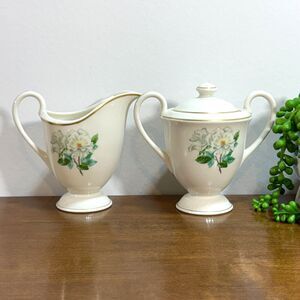 Creamer and Sugar Set Silver Rose by Hanover China Handle White Floral Vintage
